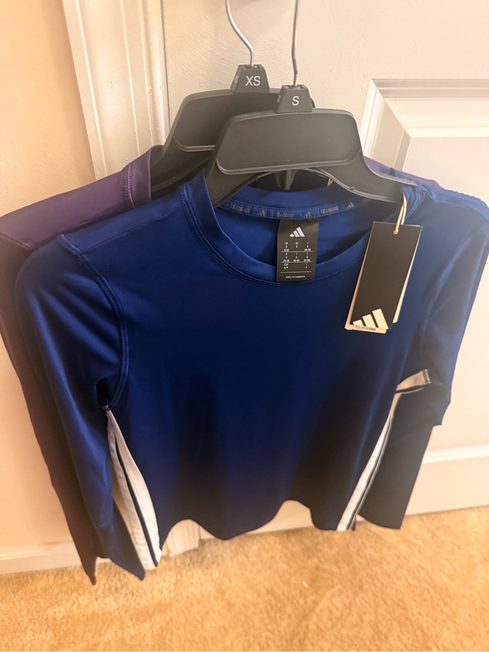 adidas Navy Blue and Purple Long Sleeve Athletic Top with White Side Panels